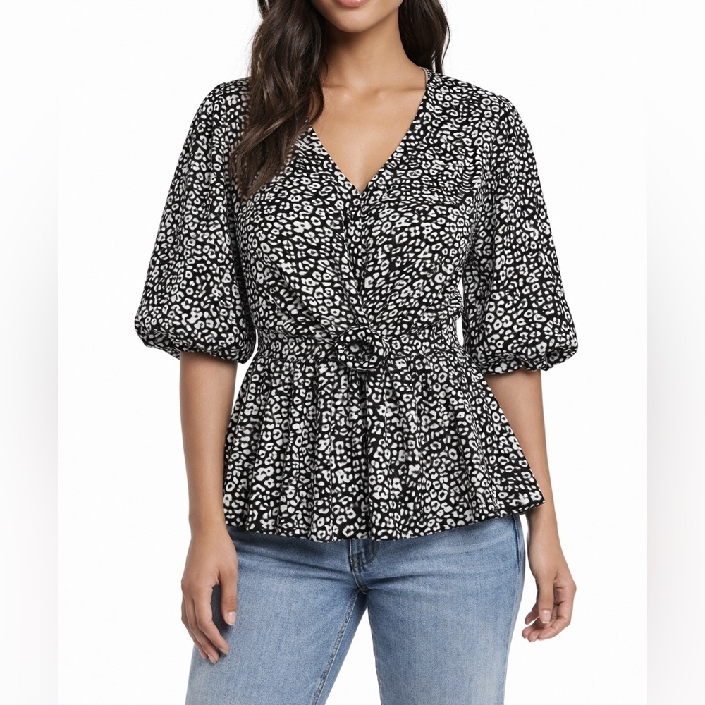 NWT Wishingwaves Leopard Print Peplum Blouse XL Puff Sleeve